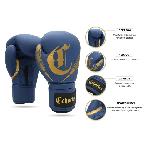 Rękawice bokserskie Sericum niebieskie Cohortes - infografika