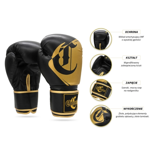 Rękawice bokserskie Aura black/gold Cohortes - infografika