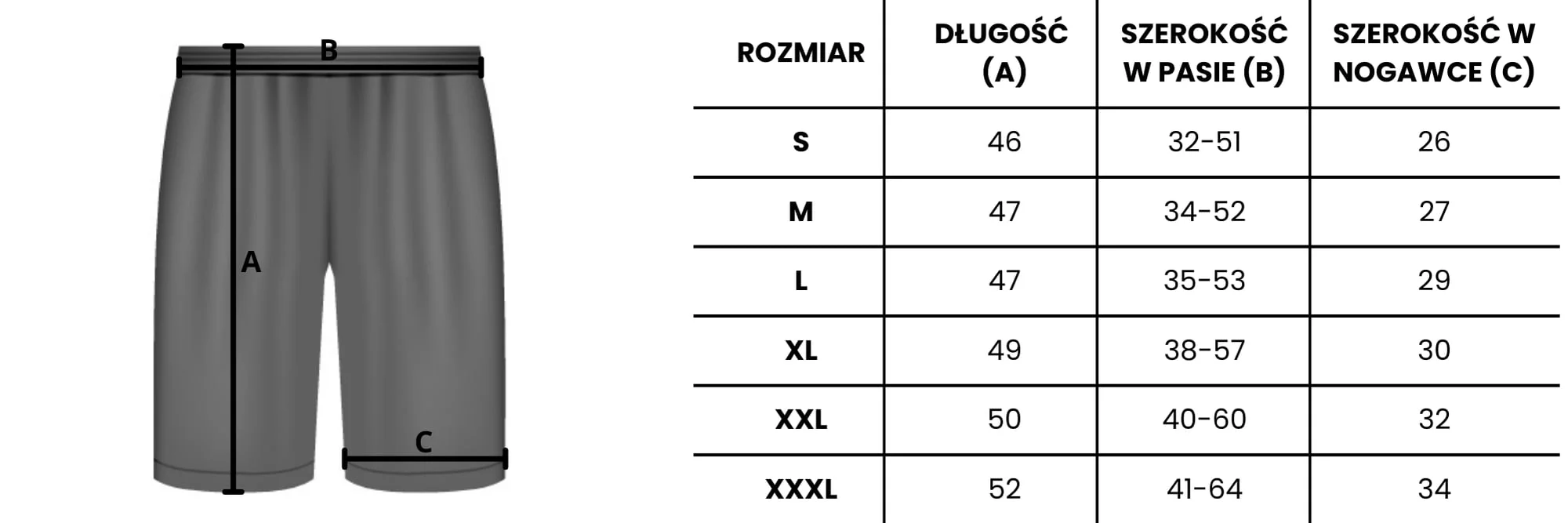 Tabela rozmiarów spodenki MADMAN